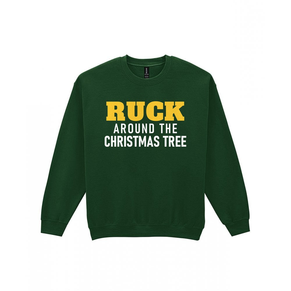 Ruck Around The Christmas Tree Funny Rugby Christmas Jumper & T-Shirt Sweatshirt in Forest Green