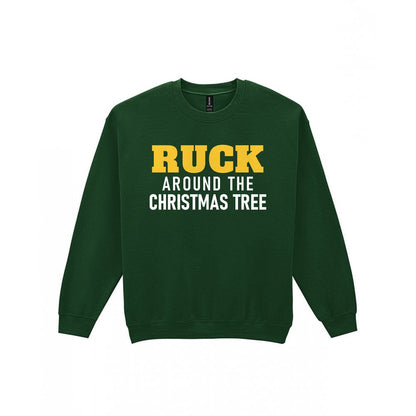 Ruck Around The Christmas Tree Funny Rugby Christmas Jumper & T-Shirt Sweatshirt in Forest Green