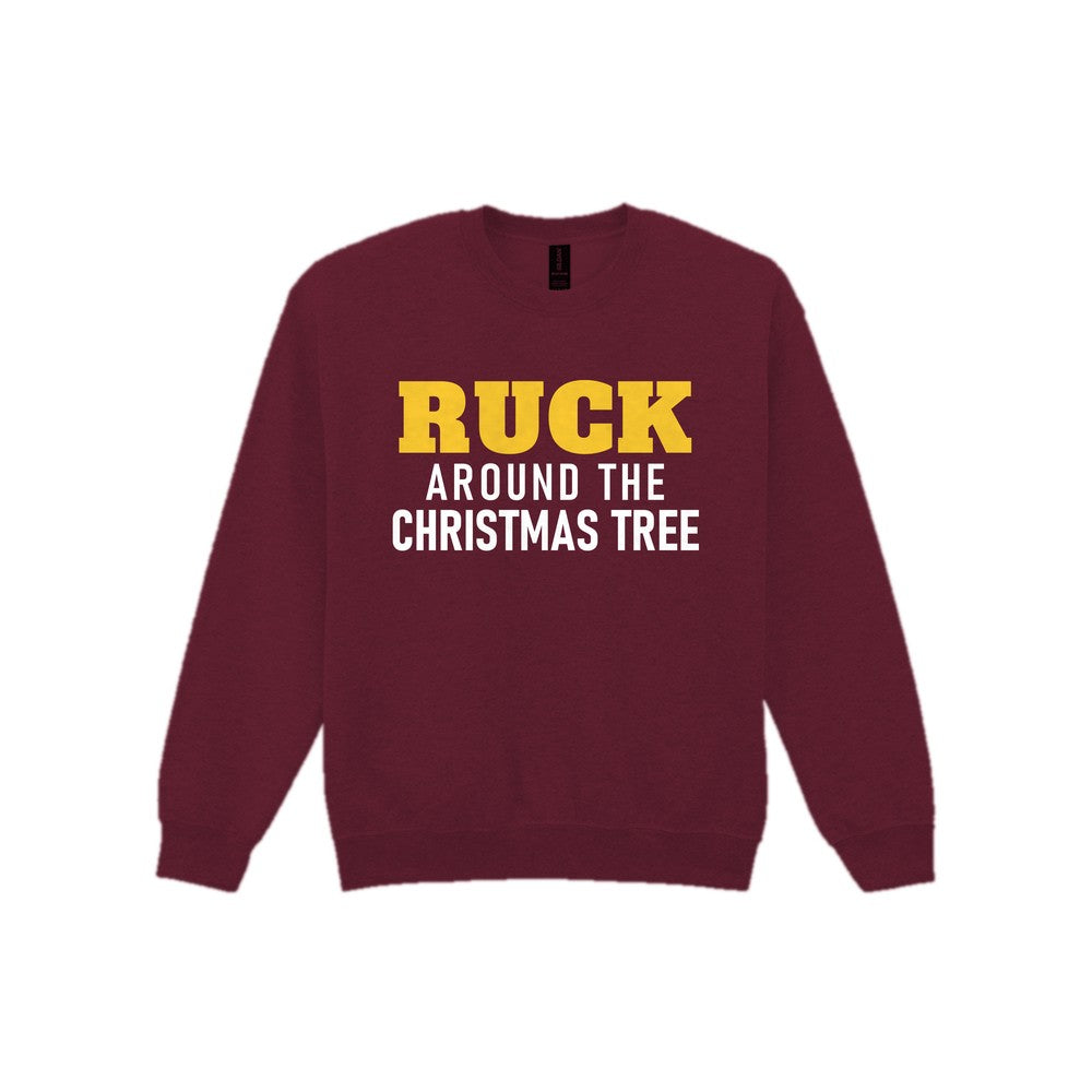 Ruck Around The Christmas Tree Funny Rugby Christmas Jumper & T-Shirt Sweatshirt in Maroon