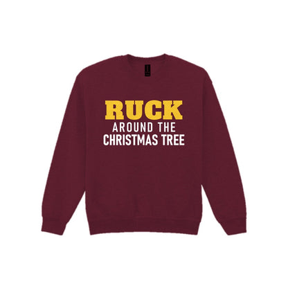 Ruck Around The Christmas Tree Funny Rugby Christmas Jumper & T-Shirt Sweatshirt in Maroon