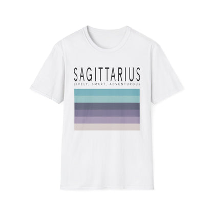 light blue t-shirt with minimalist sagittarius zodiac graphic design