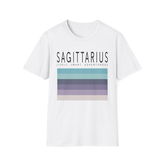 light blue t-shirt with minimalist sagittarius zodiac graphic design
