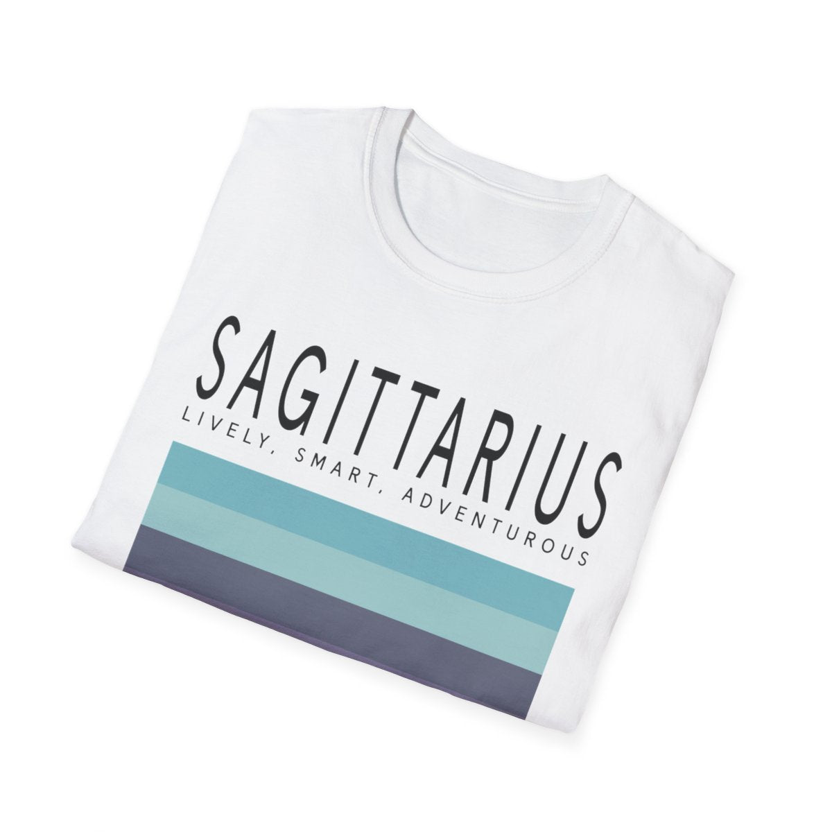 light blue sagittarius t-shirt flat lay showing minimalist zodiac print