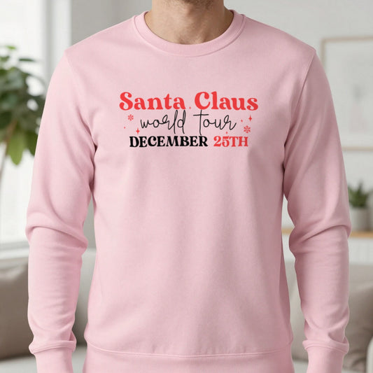 Santa Claus World Tour Christmas Sweatshirt in Light Pink, worn, our photo