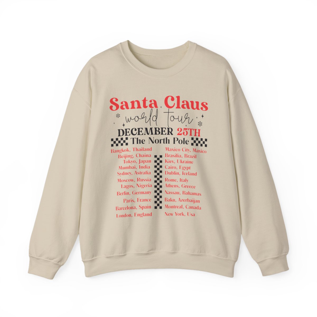 white sweatshirt with Santa world tour holiday gift design