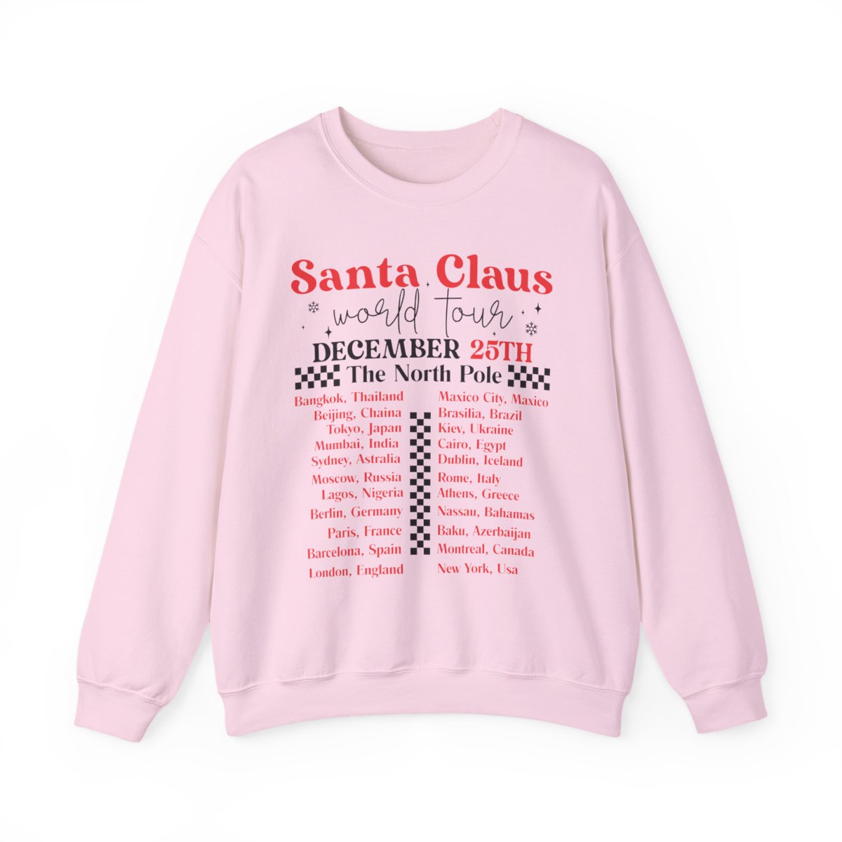 sand sweatshirt with Santa travelling the globe Christmas graphic