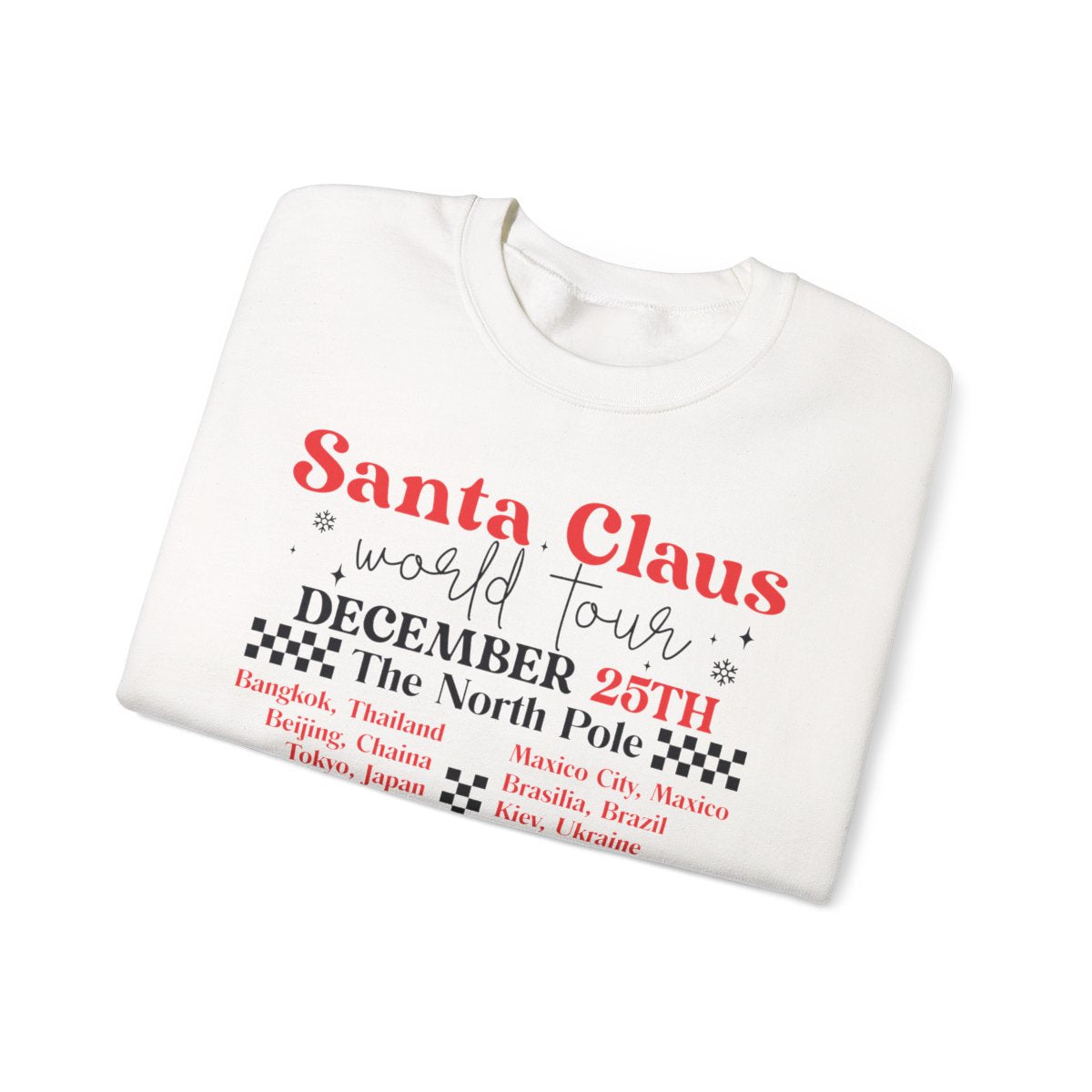 close-up of Santa world tour sweatshirt print and fabric detail