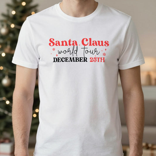 Santa Claus World Tour Christmas T-Shirt worn, lifestyle photo