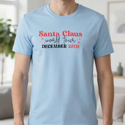Santa Claus World Tour Christmas T-Shirt in Light Blue, worn, our photo
