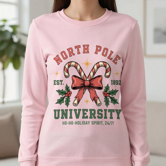 North Pole University Christmas Sweatshirt in Light Pink, worn, our photo