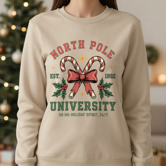 North Pole University Christmas Sweatshirt in Sand, worn, our photo