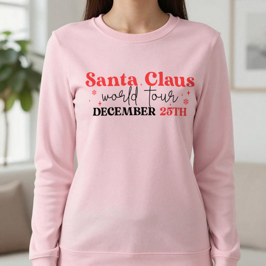 Santa Claus World Tour Sweatshirt in Light Pink, worn, our photo
