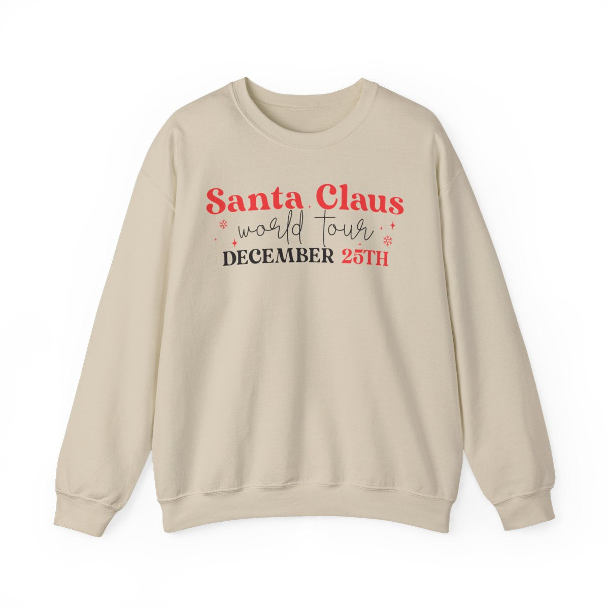 white sweatshirt with santa claus world tour christmas design