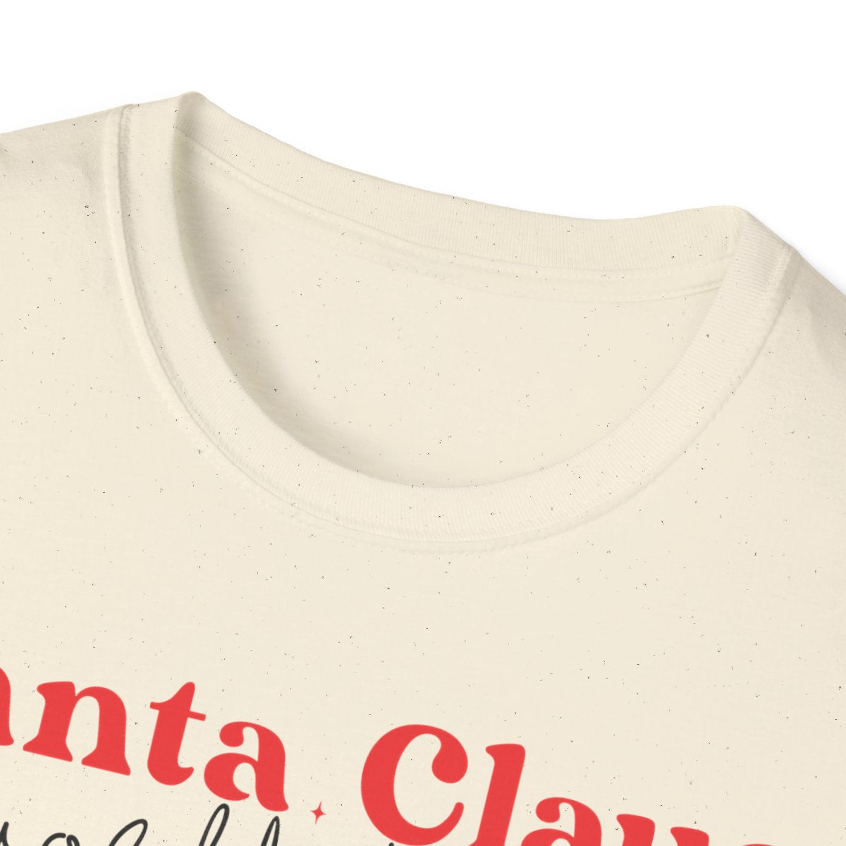 close-up of Santa Claus world tour design on cotton tee