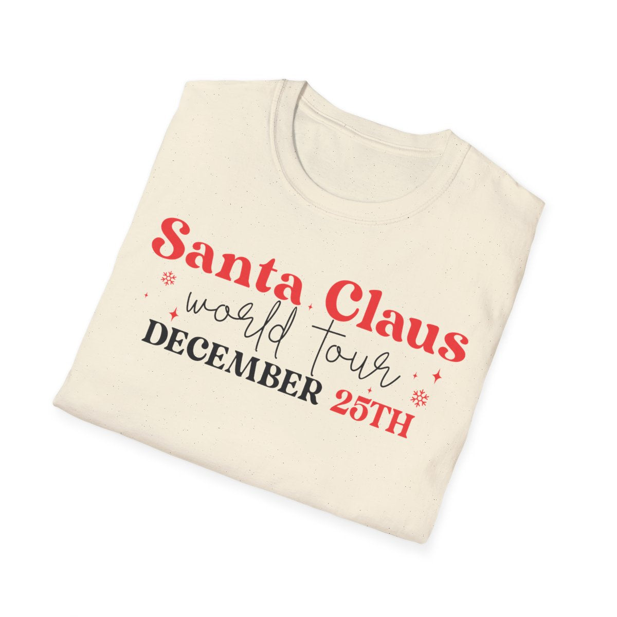 light blue t-shirt worn to show Santa tour design fit and print quality