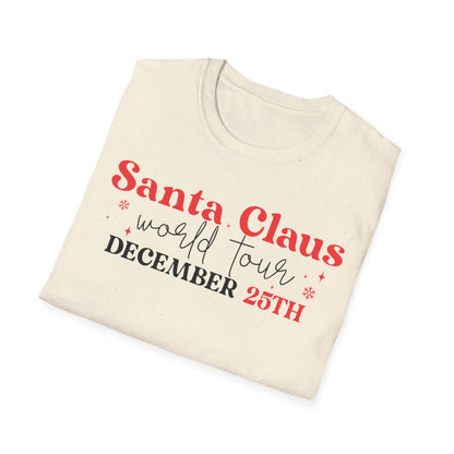 light blue t-shirt worn to show Santa tour design fit and print quality
