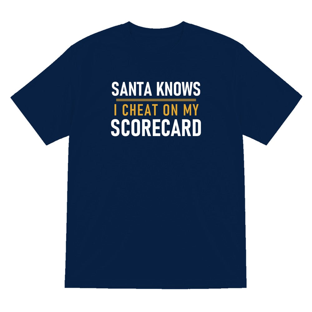 Santa Knows I Cheat On My Scorecard Funny Golf Christmas Jumper & T-Shirt T-Shirt in Navy
