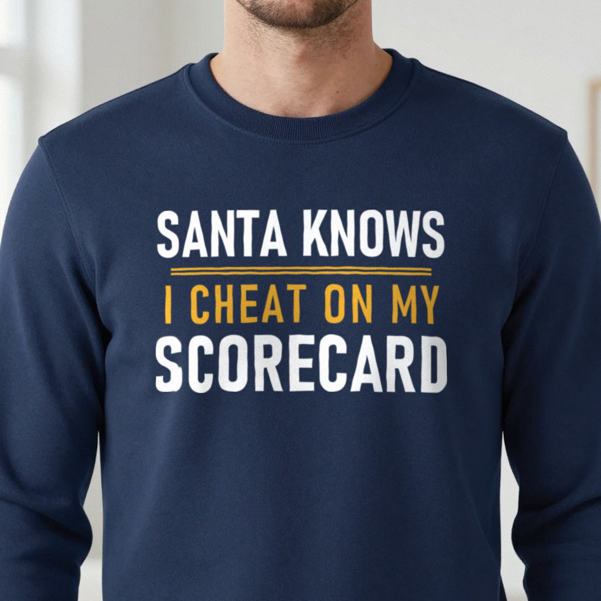 Santa Knows I Cheat On My Scorecard Funny Golf Christmas Jumper & T-Shirt close-up