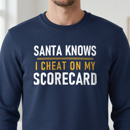 Santa Knows I Cheat On My Scorecard Funny Golf Christmas Jumper & T-Shirt close-up