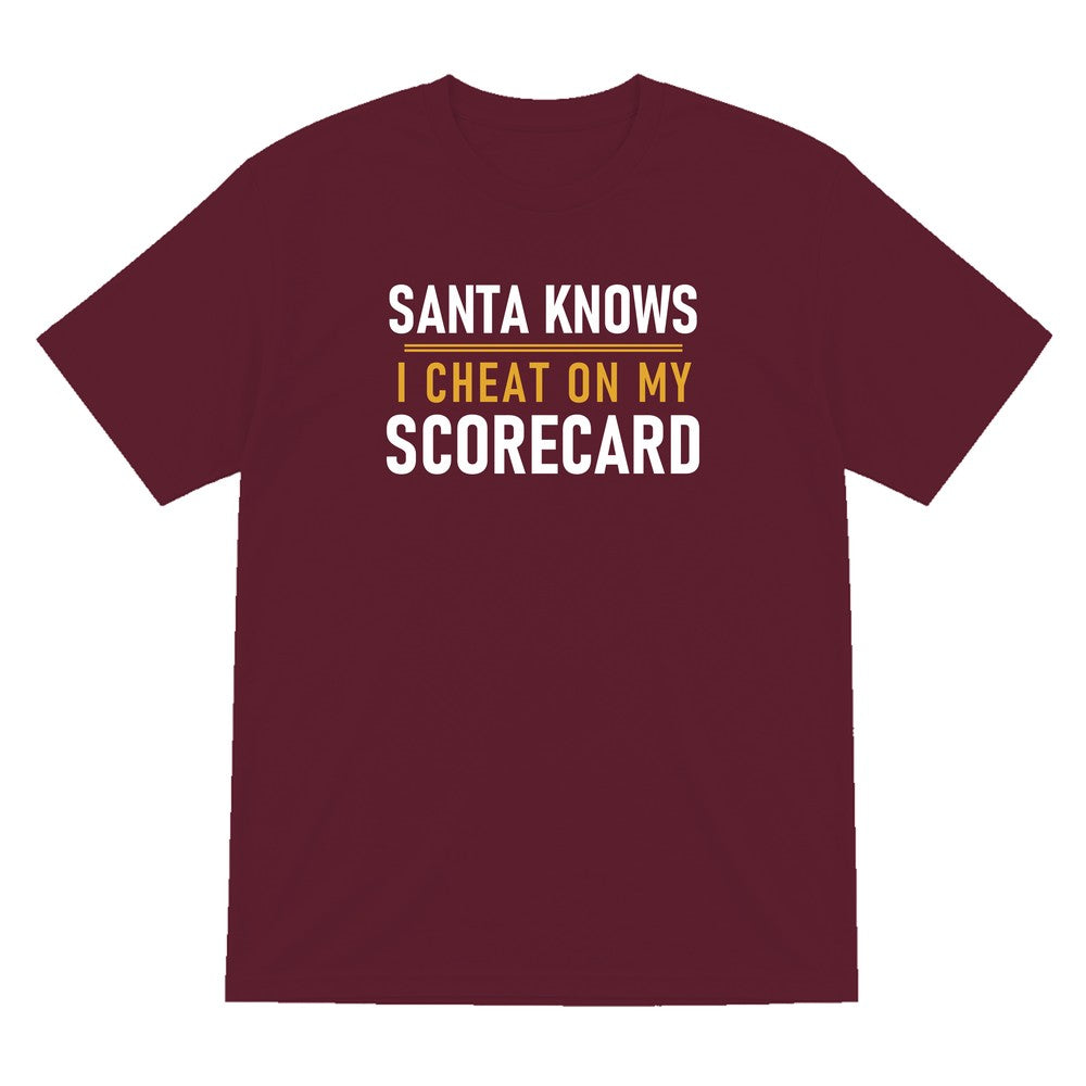 Santa Knows I Cheat On My Scorecard Funny Golf Christmas Jumper & T-Shirt T-Shirt in Maroon