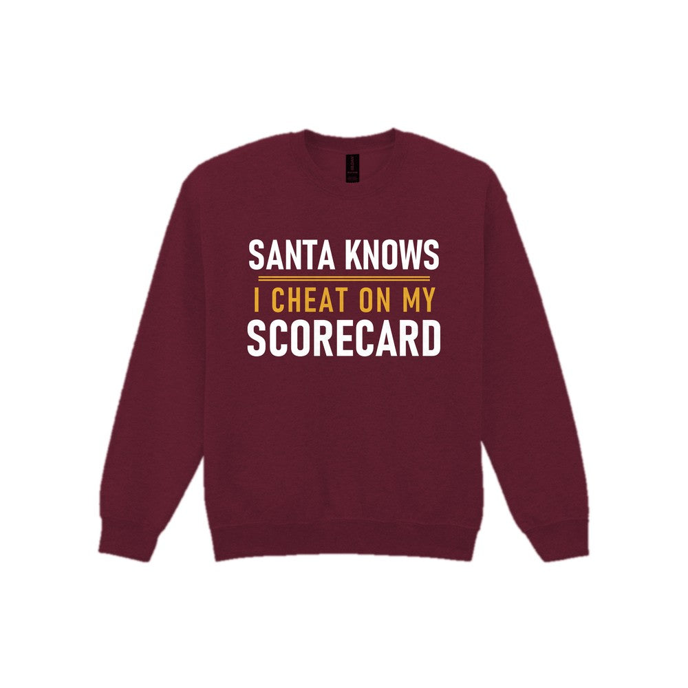 Santa Knows I Cheat On My Scorecard Funny Golf Christmas Jumper & T-Shirt Sweatshirt in Maroon
