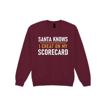 Santa Knows I Cheat On My Scorecard Funny Golf Christmas Jumper & T-Shirt Sweatshirt in Maroon
