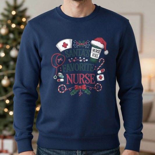 Santa's Favorite Nurse Christmas Sweatshirt worn, lifestyle photo