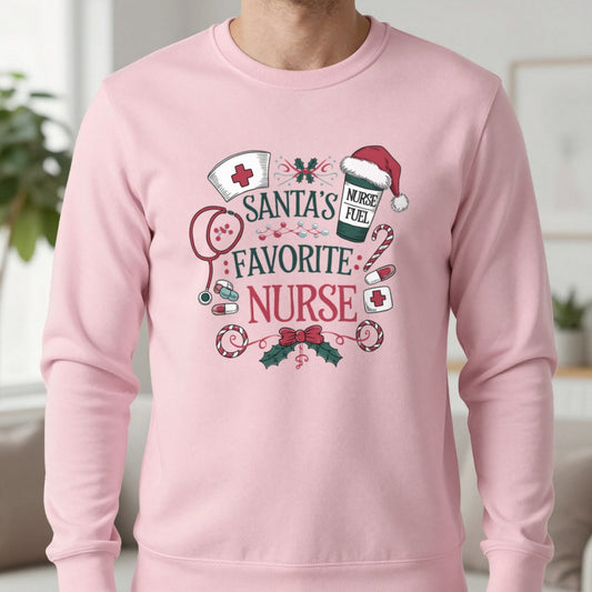 Santa's Favorite Nurse Christmas Sweatshirt in Light Pink, worn, our photo