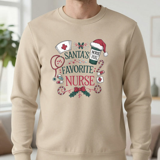 Santa's Favorite Nurse Christmas Sweatshirt in Sand, worn, our photo