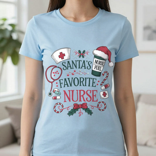 Santa's Favorite Nurse Christmas T-Shirt in Light Blue, worn, our photo