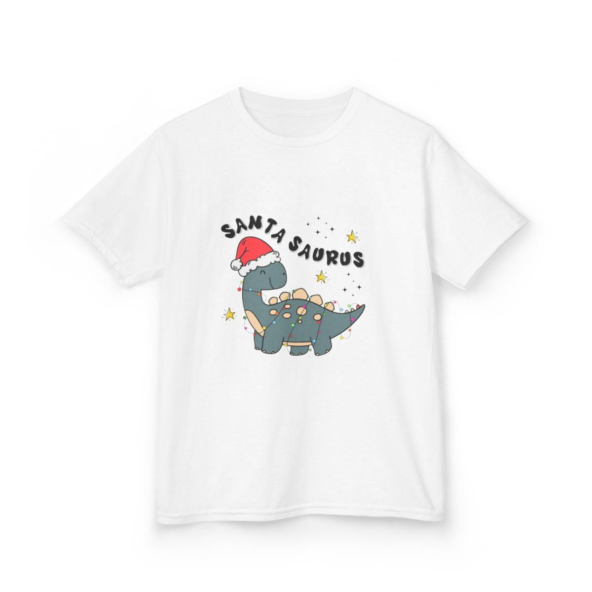 light blue t-shirt with Santa Saurus festive dinosaur print for kids