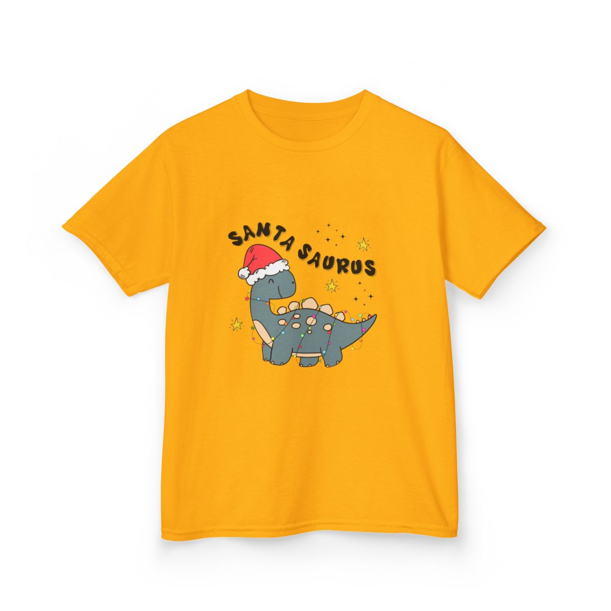 lime green kids Christmas t-shirt featuring funny Santa dinosaur character
