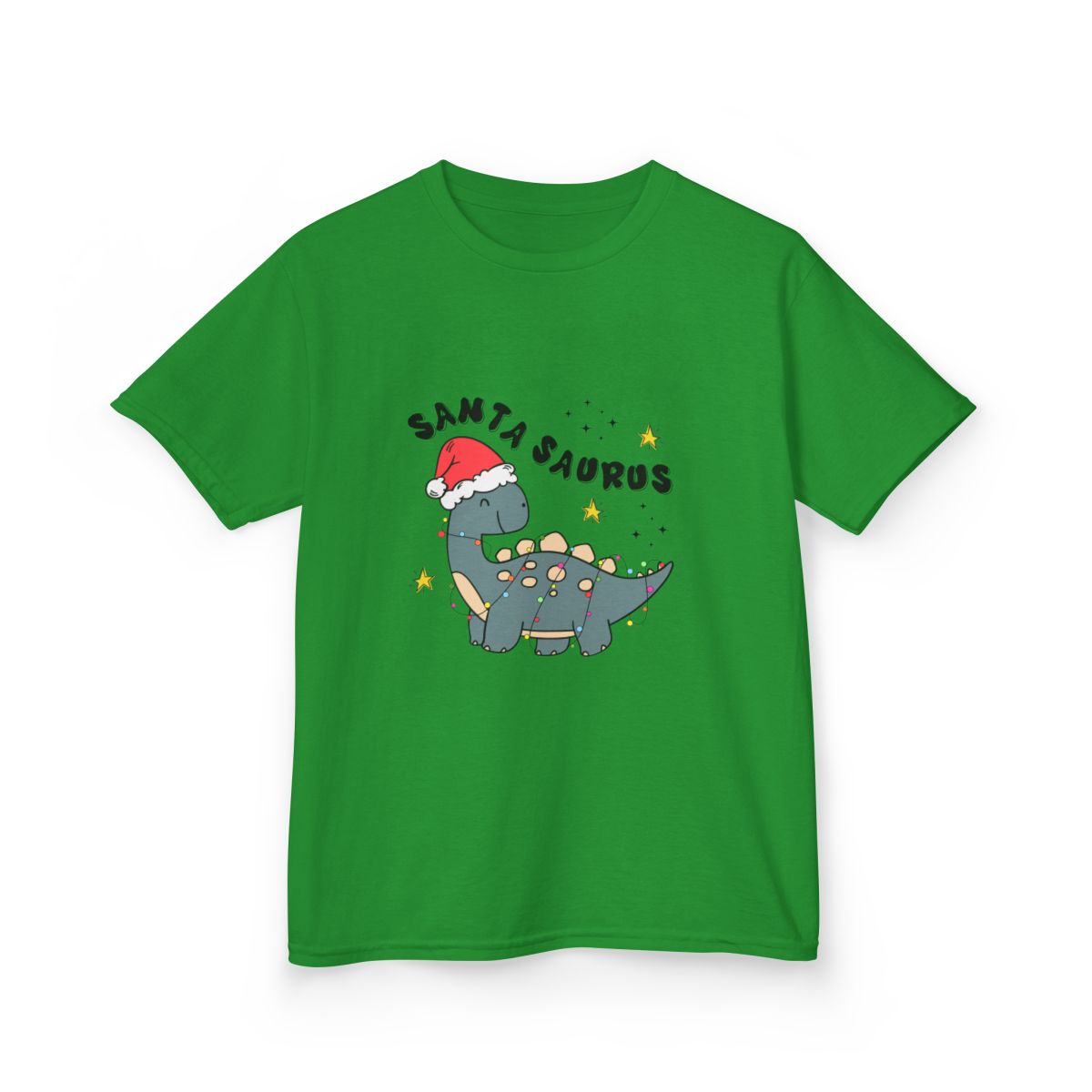 gold kids t-shirt with Santa Saurus festive dinosaur holiday print