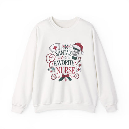 light pink sweatshirt with Santa's Favorite Nurse Christmas design