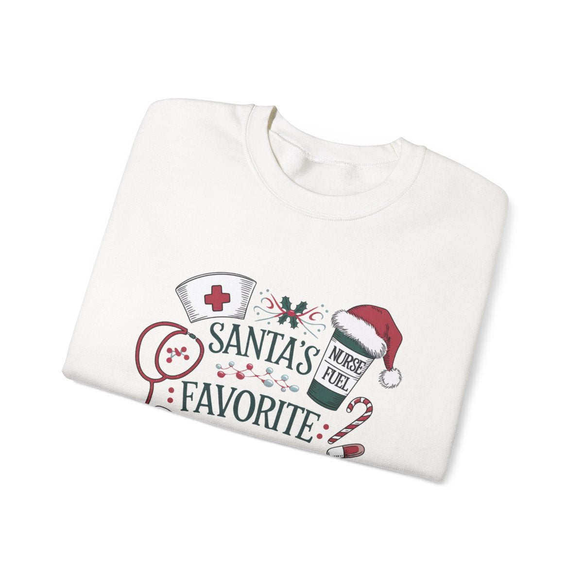 close-up of Santa's Favorite Nurse Christmas design on soft sweatshirt fabric