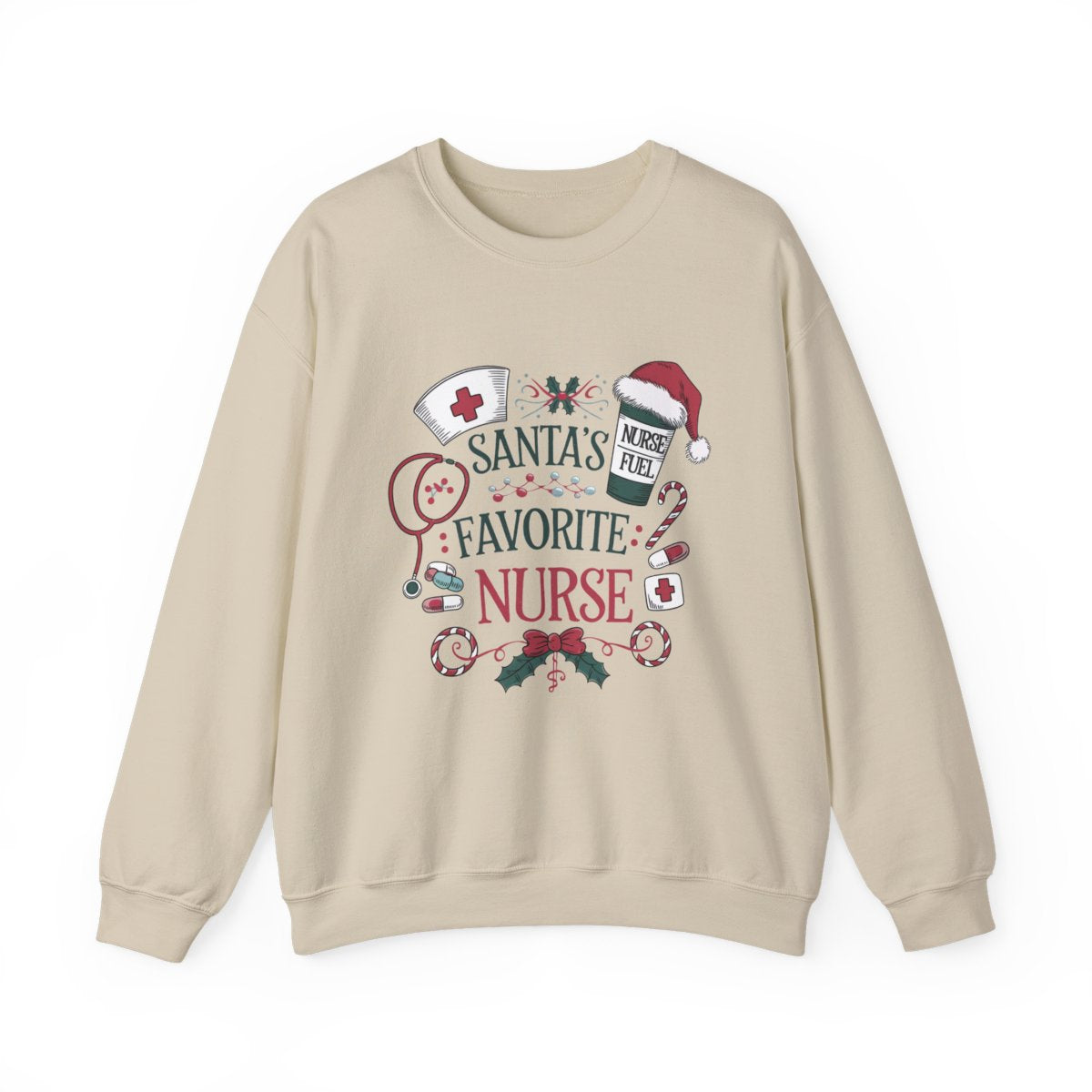 white sweatshirt with Santa's Favorite Nurse holiday graphic for nurses
