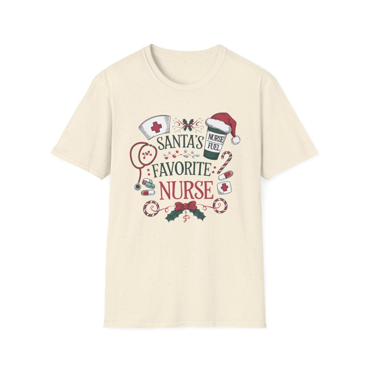 white t-shirt with Santa's Favorite Nurse festive graphic for healthcare workers