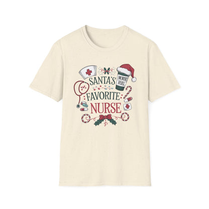white t-shirt with Santa's Favorite Nurse festive graphic for healthcare workers