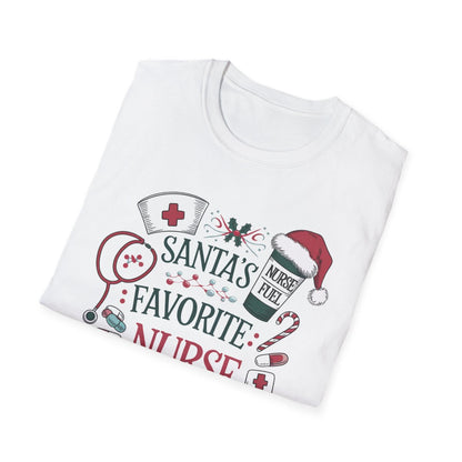white Santa's Favorite Nurse t-shirt styled for hospital shifts