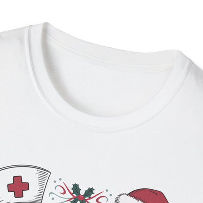 light blue Christmas nurse t-shirt worn casually with Santa design