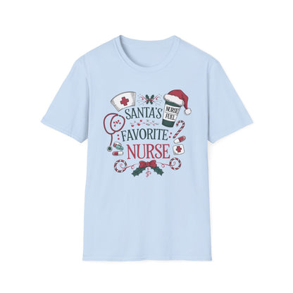 natural t-shirt featuring Santa's Favorite Nurse holiday print