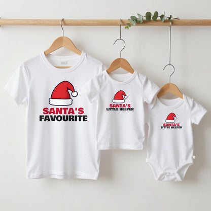 Santa's Favourite & Santa's Little Helper Christmas matching set grown-up tee, kids tee and baby grow on hangers