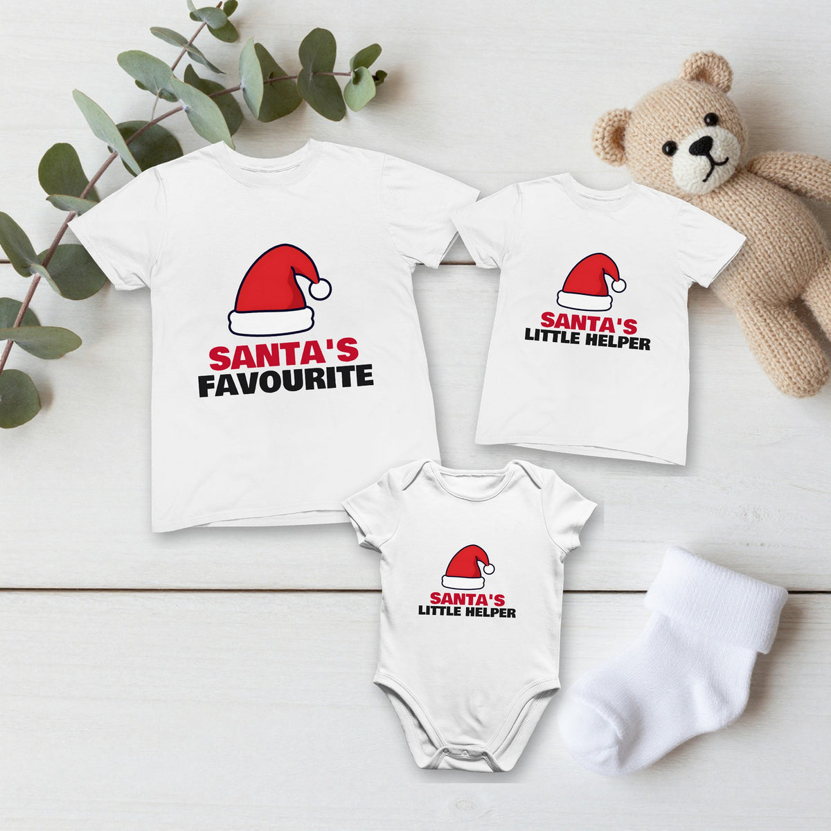 Santa's Favourite & Santa's Little Helper Christmas matching set flat lay with kids tee