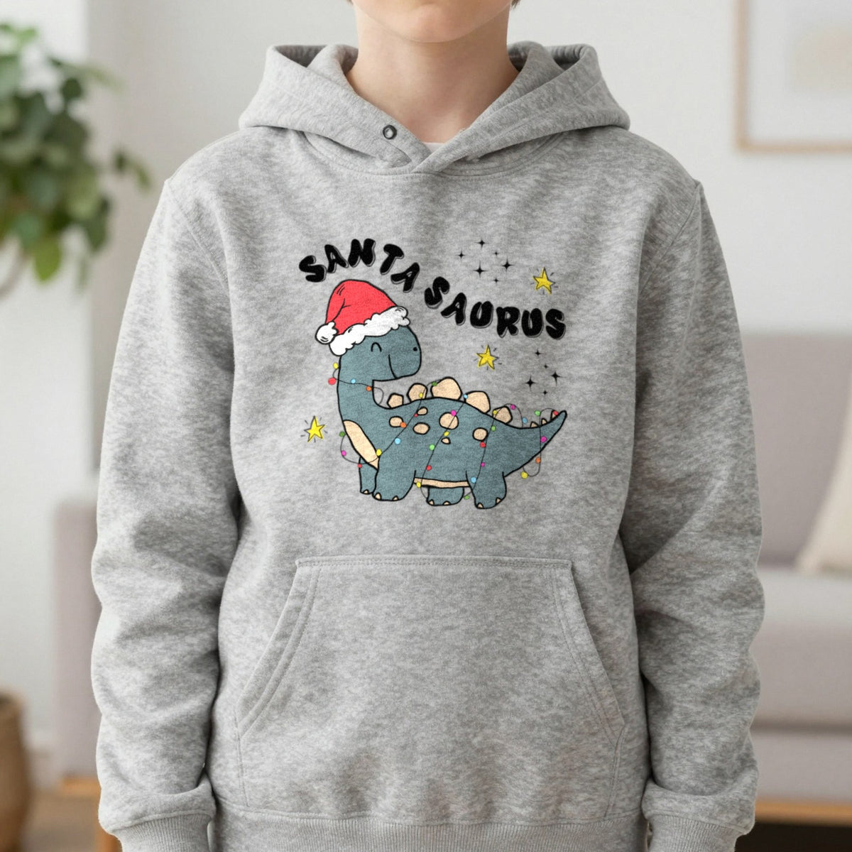 Santasaurus Christmas Kids Hoodie in Sport Grey, worn, our photo