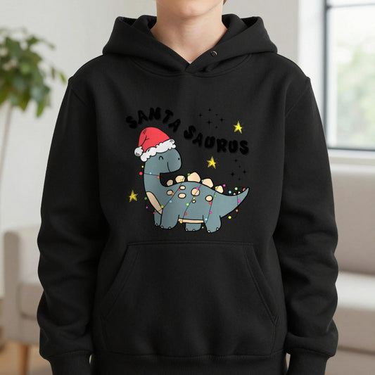Santasaurus Christmas Kids Hoodie in Black, worn, our photo