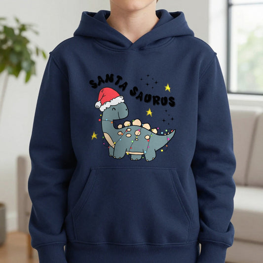 Santasaurus Christmas Kids Hoodie in Navy, worn, our photo