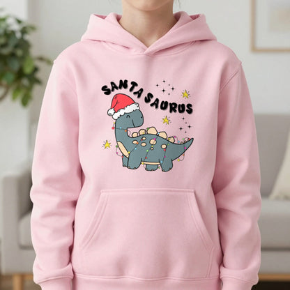 Santasaurus Christmas Kids Hoodie in Light Pink, worn, our photo