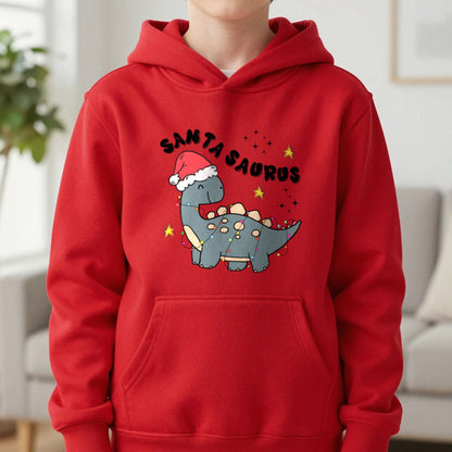Santasaurus Christmas Kids Hoodie in Red, worn, our photo