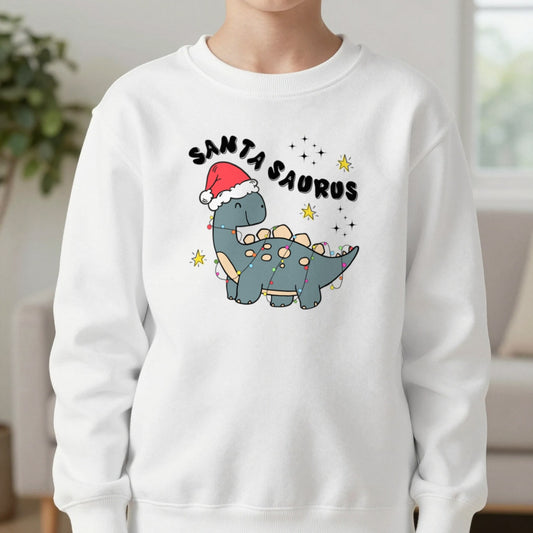 Santasaurus Youth Christmas Sweatshirt in White, worn, our photo