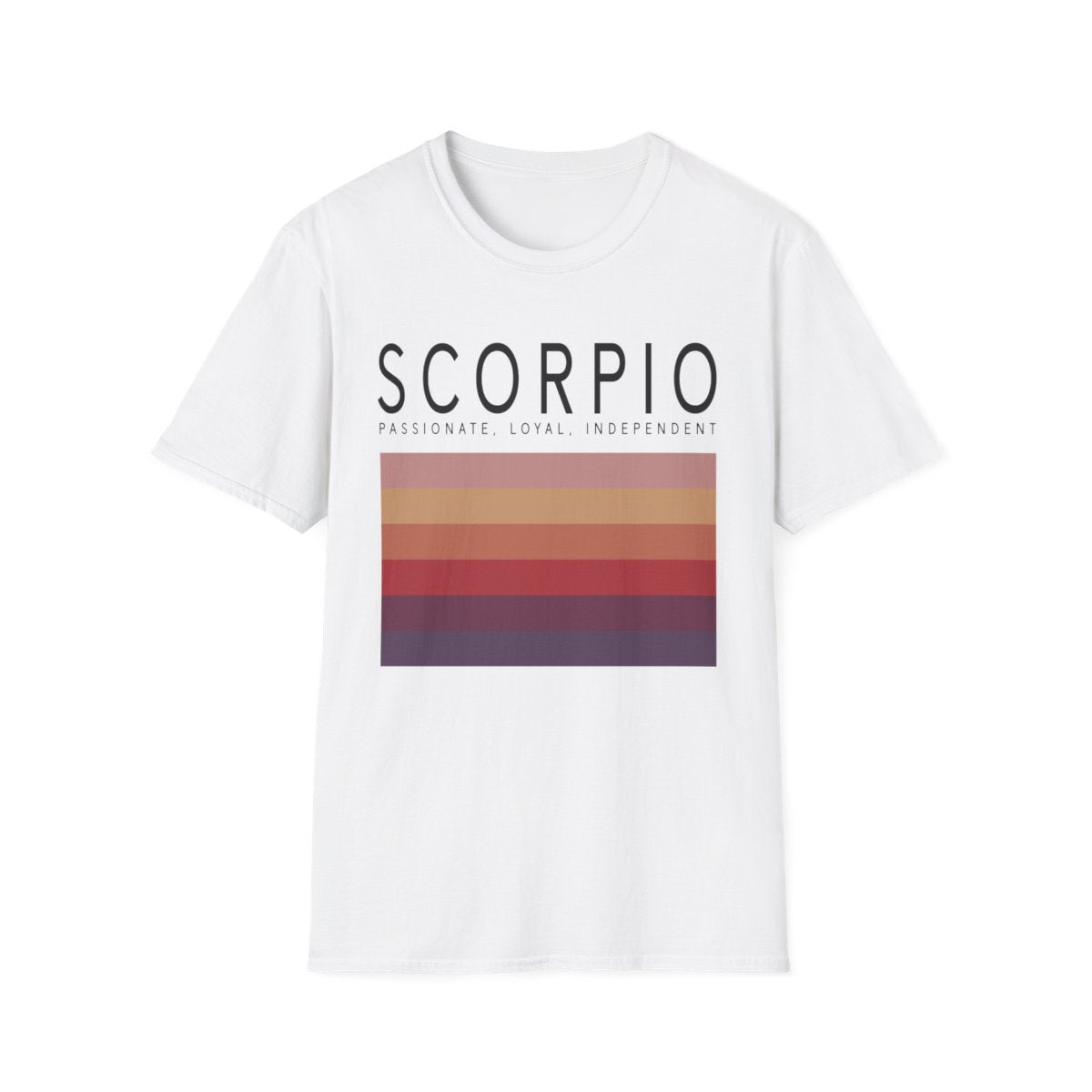 light blue t-shirt with scorpio zodiac graphic and minimalist stripe design